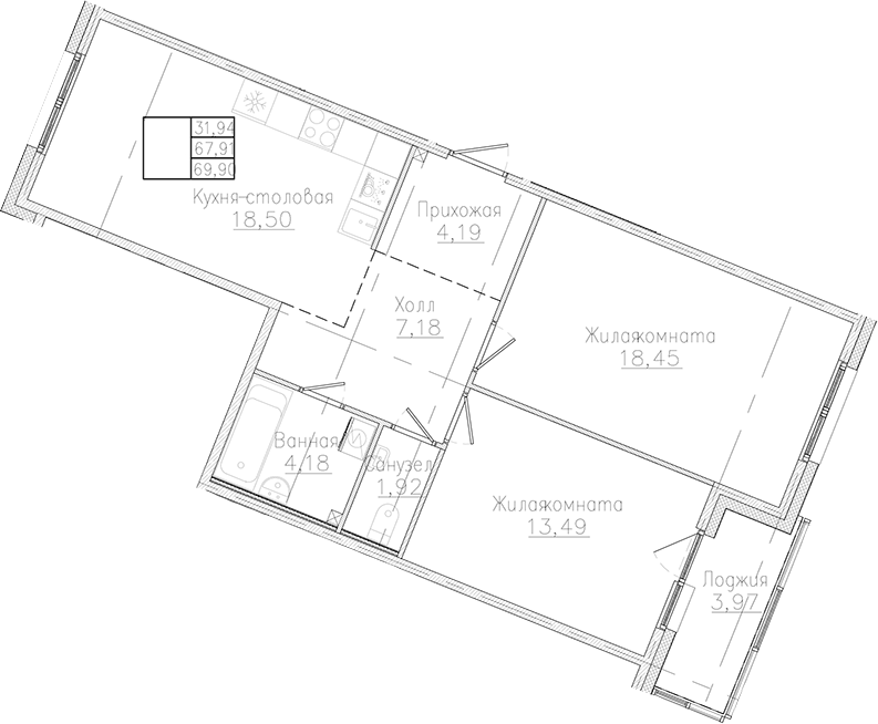 Планировка двухкомнатная 69.9 м² в ЖК «Счастье 2.0», корпус 2