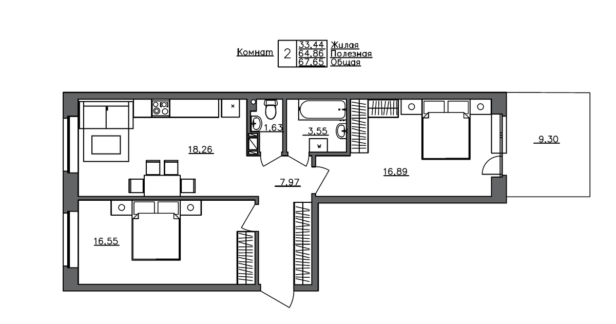 Планировка евротрёшка (3Е) 67.65 м² в ЖК «Счастье 2.0», корпус 3