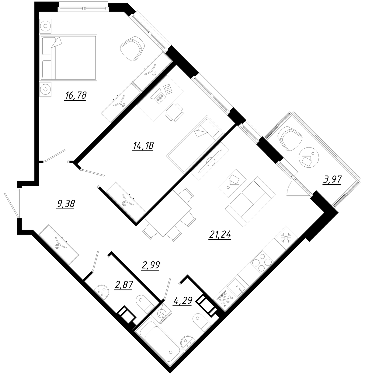 Планировка евротрёшка (3Е) 72.91 м² в ЖК «Счастье 2.0», корпус 1