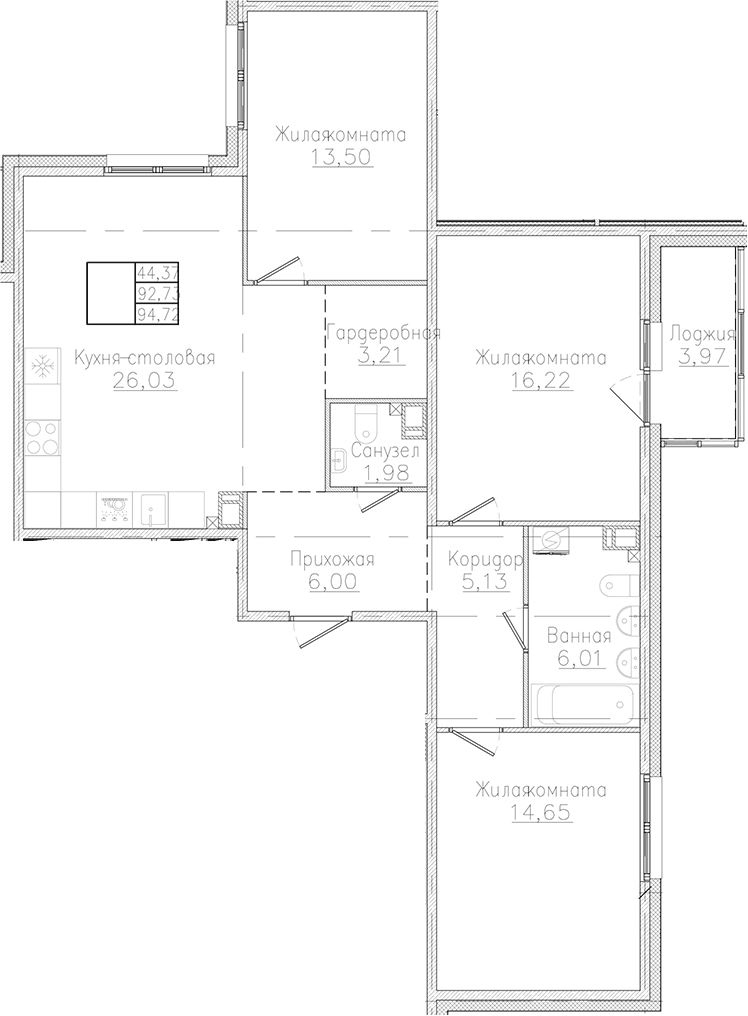 Планировка трёхкомнатная 94.72 м² в ЖК «Счастье 2.0», корпус 2