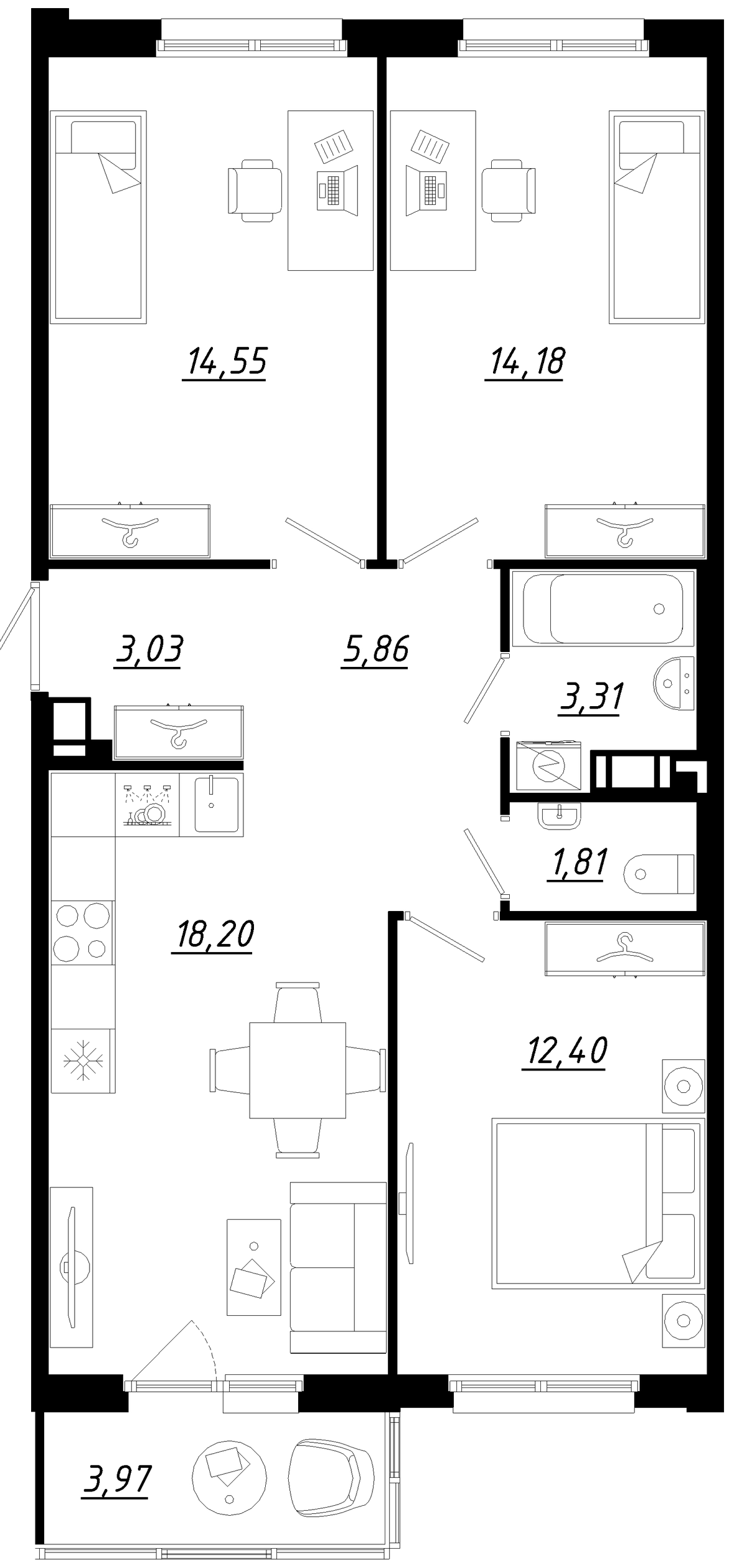 Планировка евро-4 (4Е) 74.53 м² в ЖК «Счастье 2.0», корпус 1