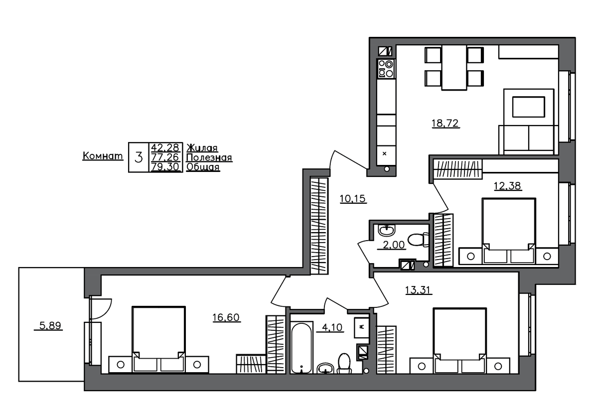 Планировка евро-4 (4Е) 80.8 м² в ЖК «Счастье 2.0», корпус 2