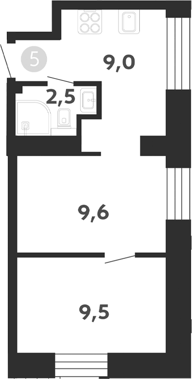 Планировка двухкомнатная 30.6 м² в ЖК «Седова, 99», корпус 1
