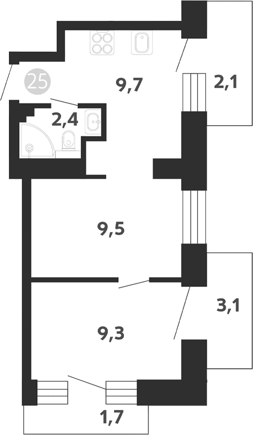 Планировка двухкомнатная 30.9 м² в ЖК «Седова, 99», корпус 1