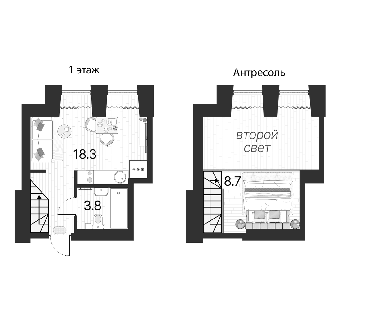 Планировка евродвушка (2Е) 30.8 м² в ЖК «Serebro by Avenue-apart», корпус 1