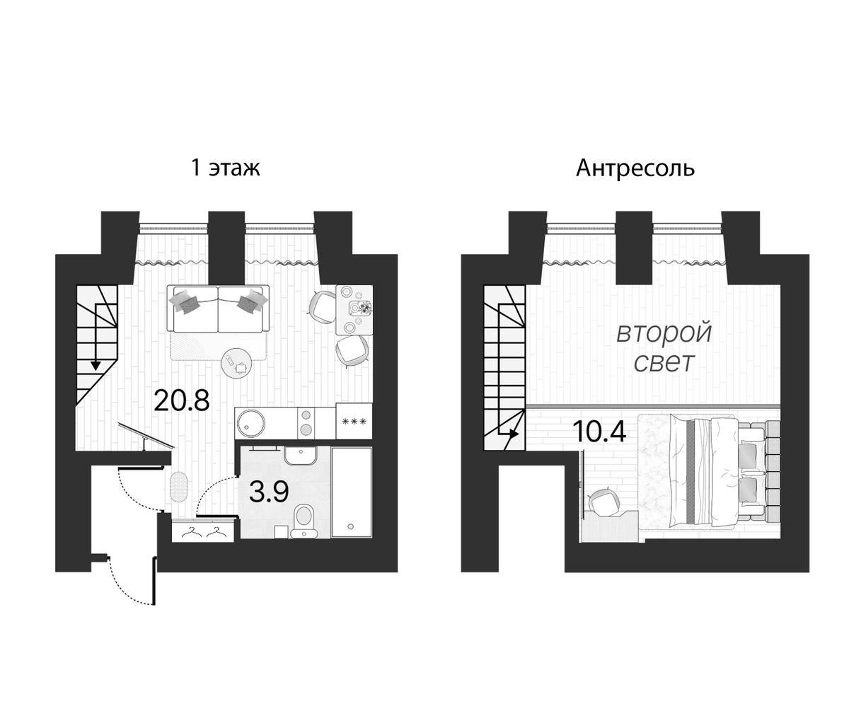 Планировка евродвушка (2Е) 34.5 м² в ЖК «Serebro by Avenue-apart», корпус 1