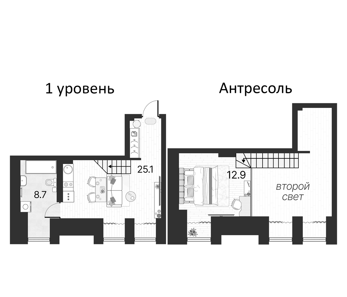 Планировка евродвушка (2Е) 46.7 м² в ЖК «Serebro by Avenue-apart», корпус 1