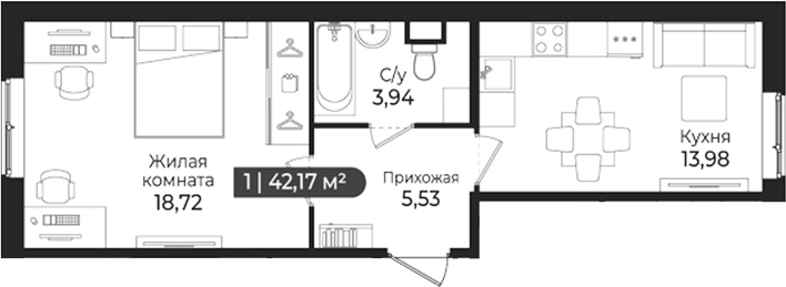 Планировка однокомнатная 42.17 м² в ЖК «Сертолово Парк», корпус 4