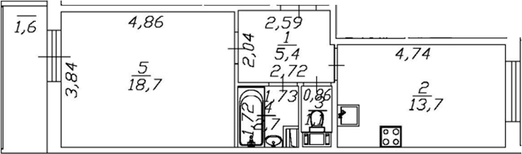 Планировка однокомнатная 43.2 м² в ЖК «Сертолово Парк», корпус 1
