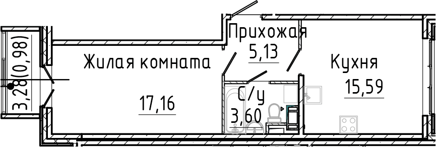 Планировка евродвушка (2Е) 42.46 м² в ЖК «Сертолово Парк», корпус 4