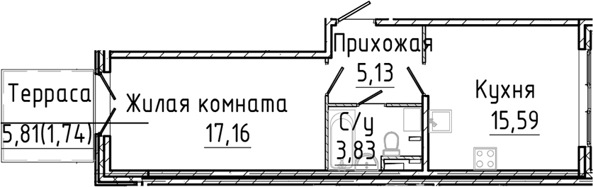 Планировка евродвушка (2Е) 43.45 м² в ЖК «Сертолово Парк», корпус 4
