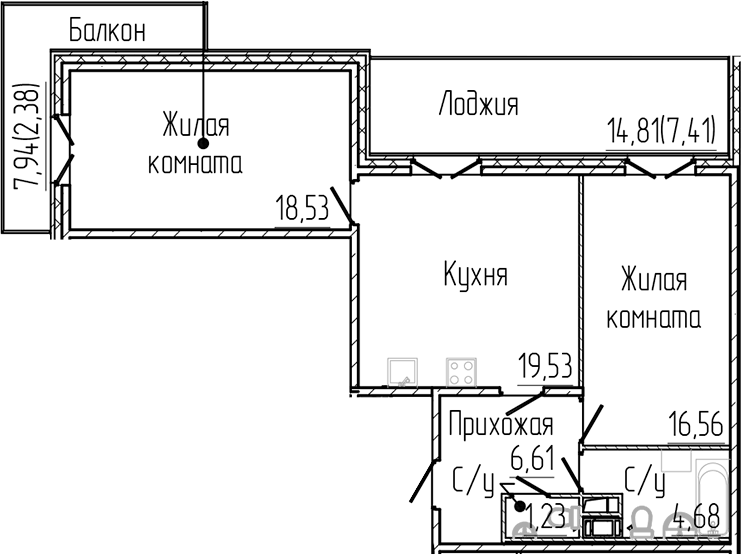 Планировка евротрёшка (3Е) 76.93 м² в ЖК «Сертолово Парк», корпус 3