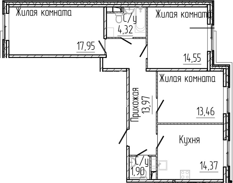 Планировка трёхкомнатная 80.52 м² в ЖК «Сертолово Парк», корпус 4