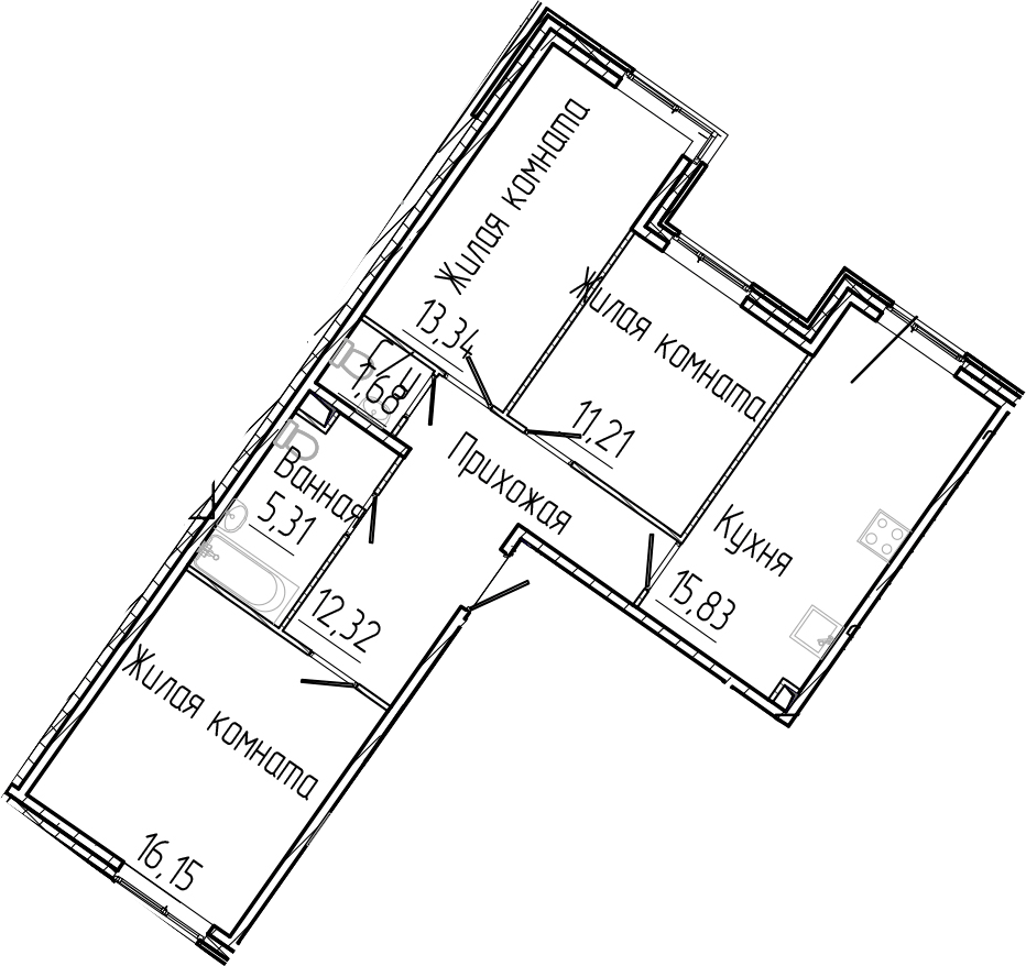 Планировка евро-4 (4Е) 75.84 м² в ЖК «Сертолово Парк», корпус 4