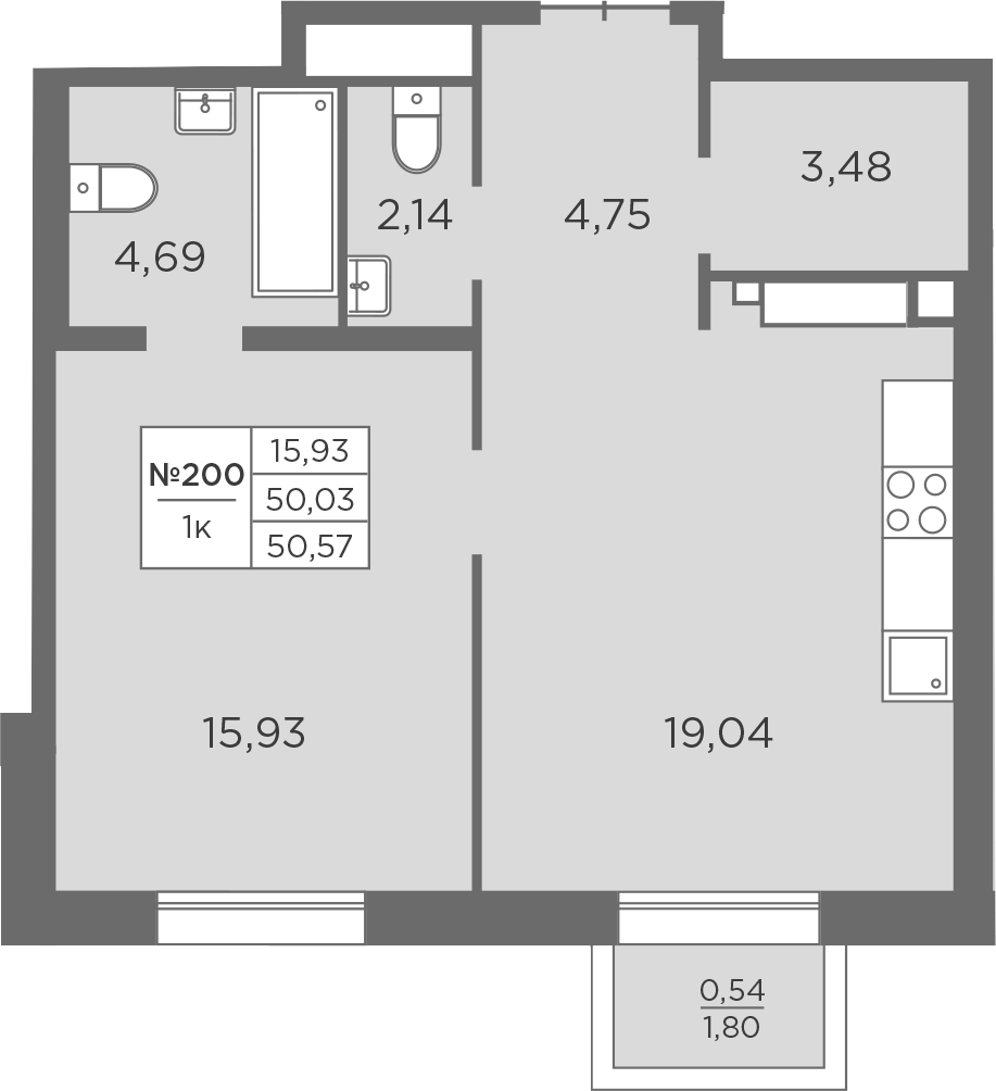 Планировка евродвушка (2Е) 50.57 м² в ЖК «Северная Корона», корпус 5