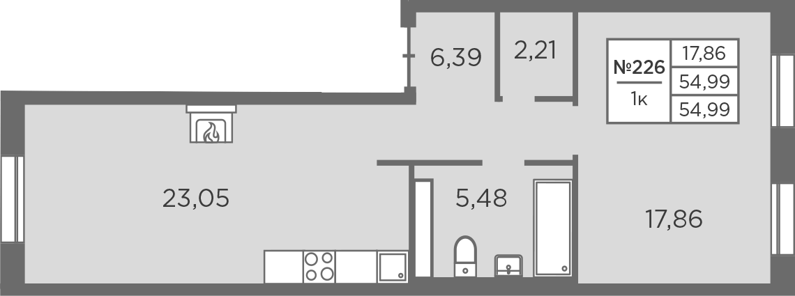 Планировка евродвушка (2Е) 54.99 м² в ЖК «Северная Корона», корпус 8.2