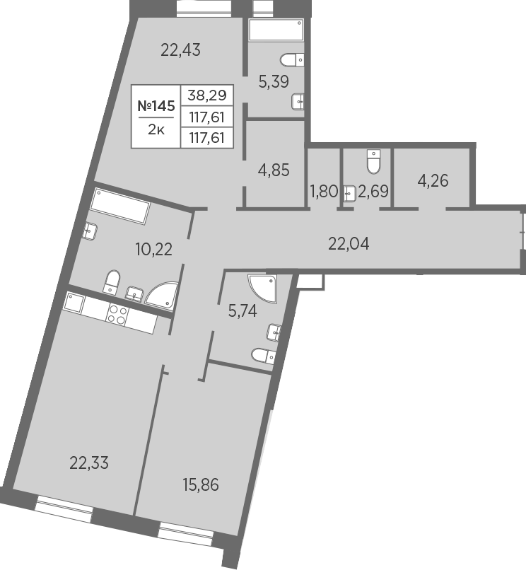 Планировка евротрёшка (3Е) 117.61 м² в ЖК «Северная Корона», корпус 7.2