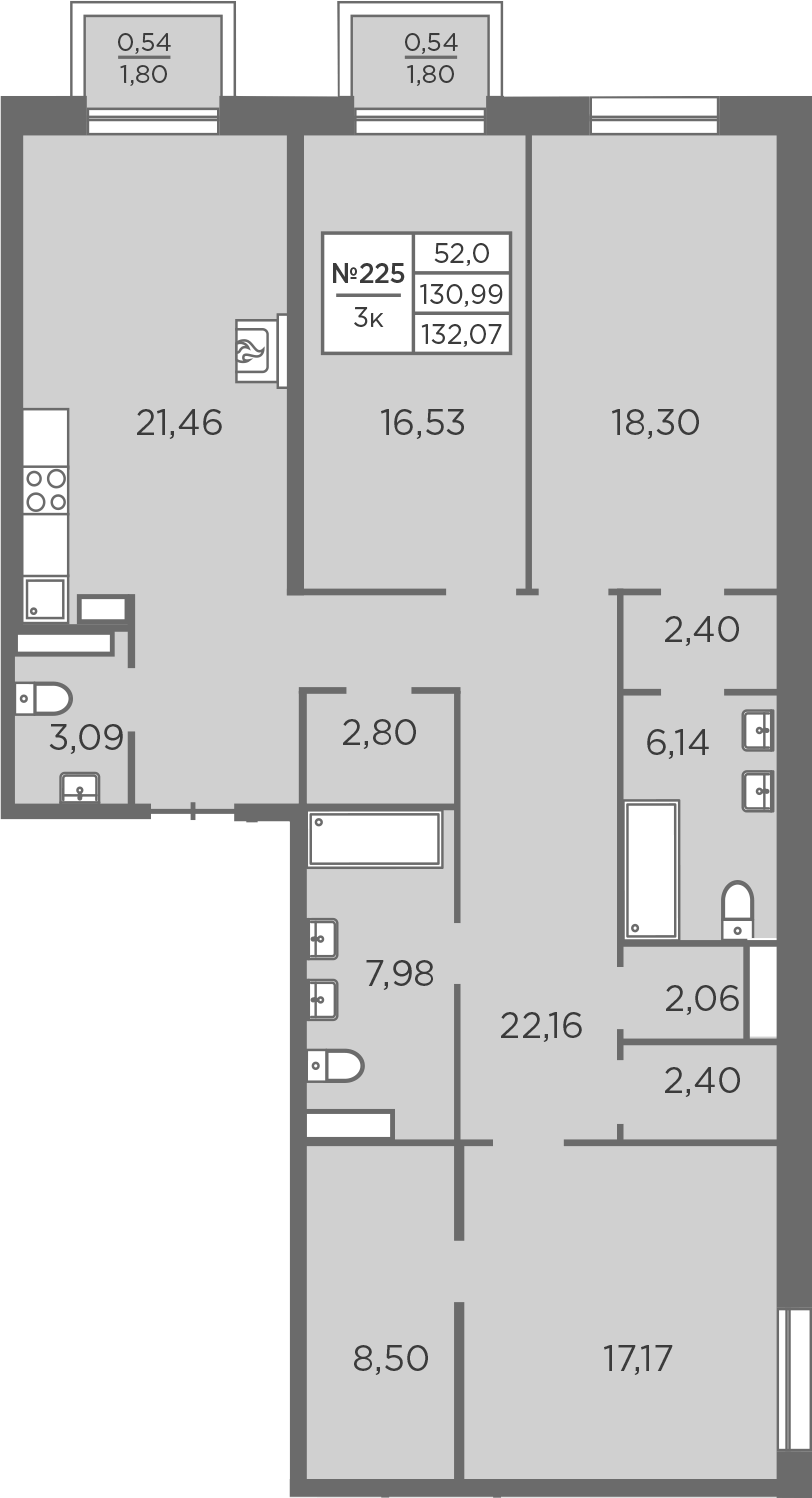 Планировка евро-4 (4Е) 132.07 м² в ЖК «Северная Корона», корпус 8.2