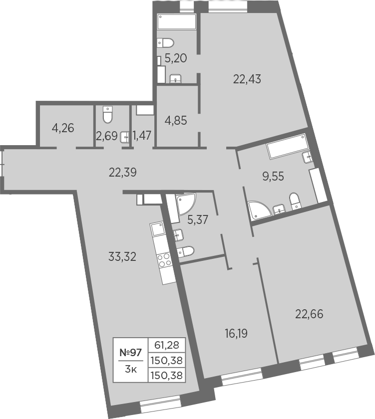 Планировка евро-4 (4Е) 150.38 м² в ЖК «Северная Корона», корпус 7.2