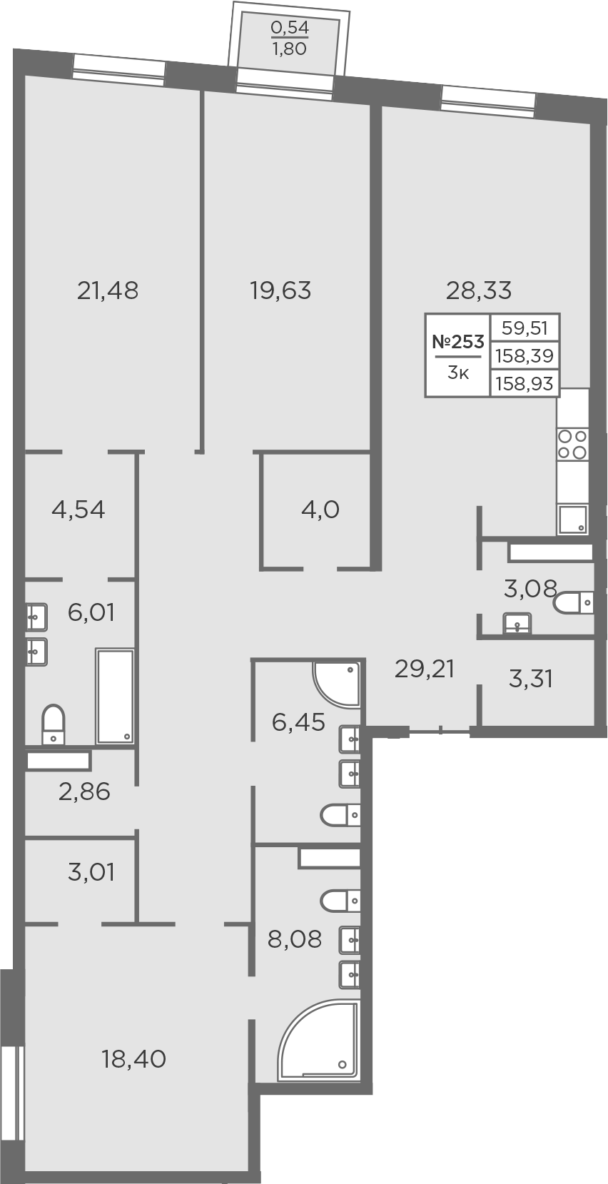 Планировка евро-4 (4Е) 160.9 м² в ЖК «Северная Корона», корпус 8.2