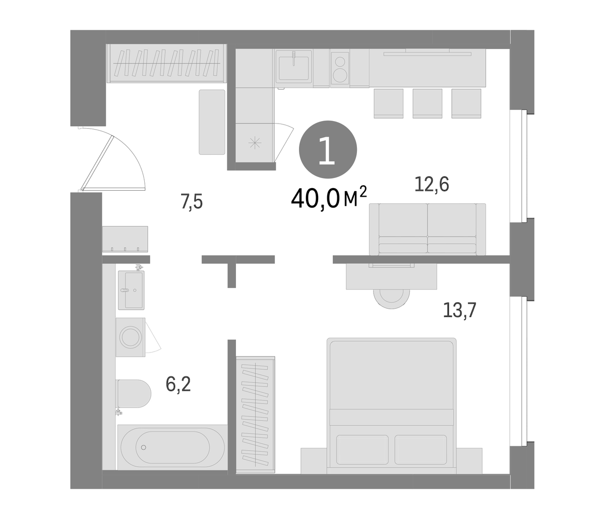 Планировка однокомнатная 40.01 м² в ЖК «Северный ветер», корпус 2-2