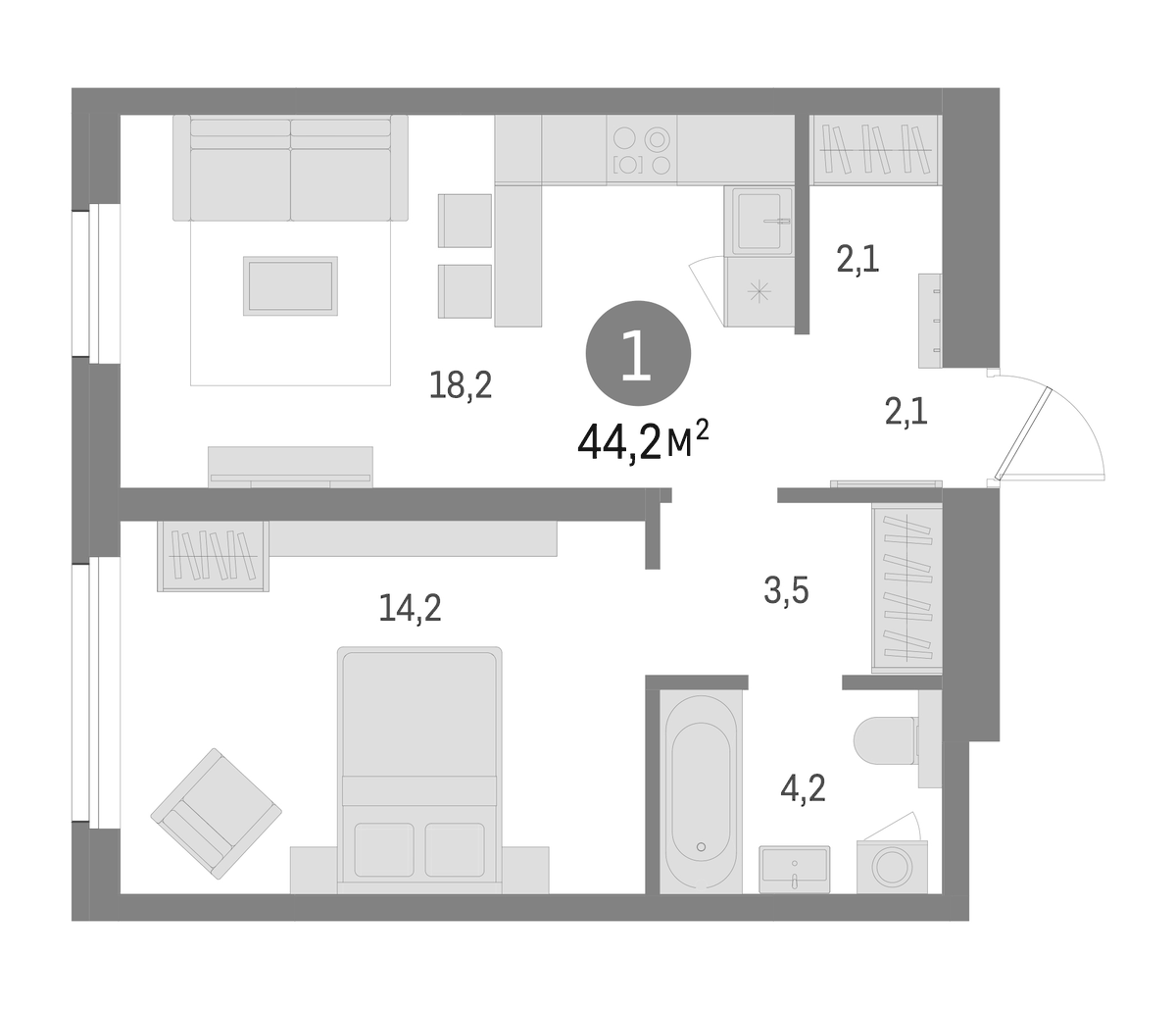 Планировка однокомнатная 44.2 м² в ЖК «Северный ветер», корпус 2.1