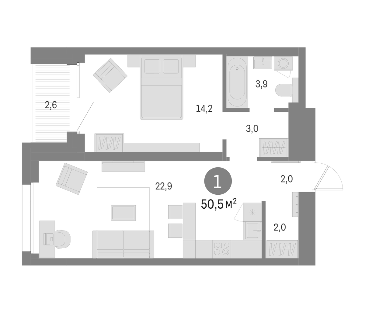 Планировка евродвушка (2Е) 50.5 м² в ЖК «Северный ветер», корпус 2.1