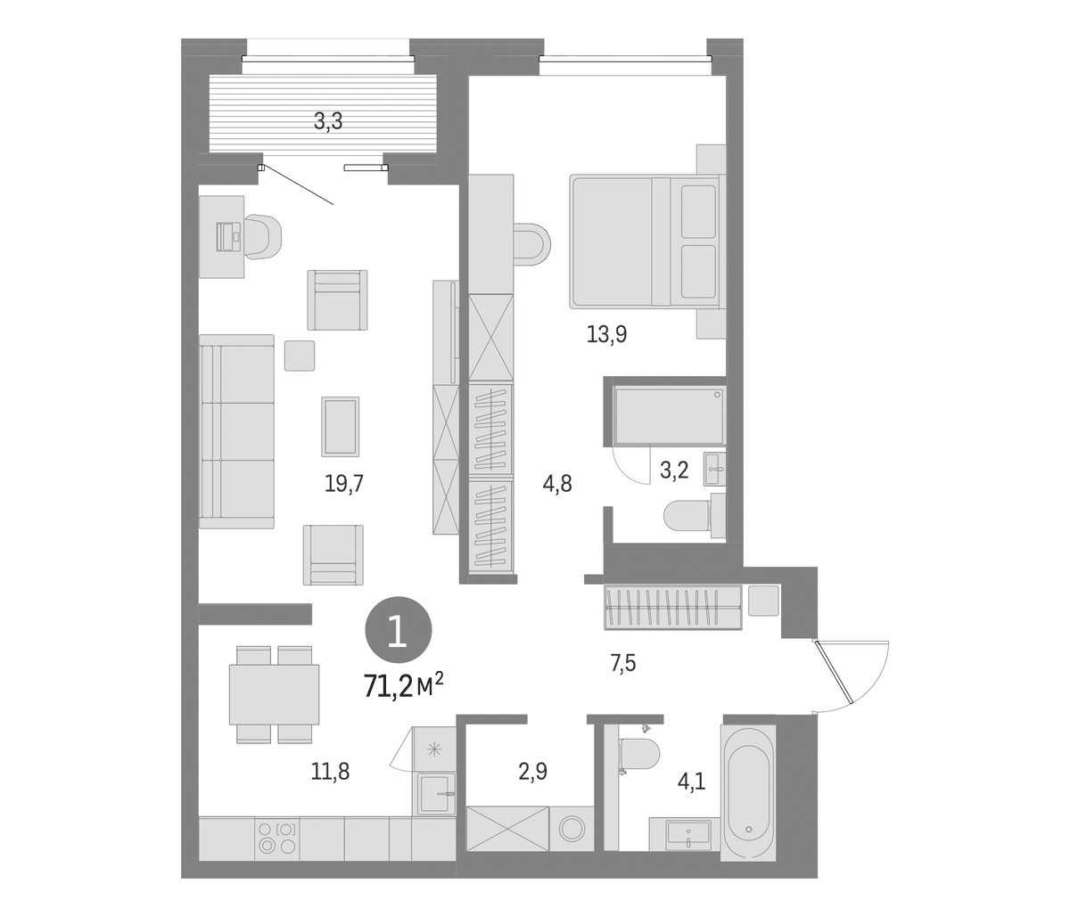 Планировка евродвушка (2Е) 71.2 м² в ЖК «Северный ветер», корпус 2.1