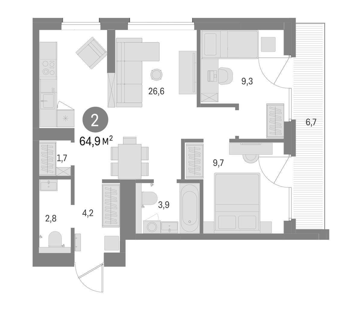 Планировка двухкомнатная 64.9 м² в ЖК «Северный ветер», корпус 2-2