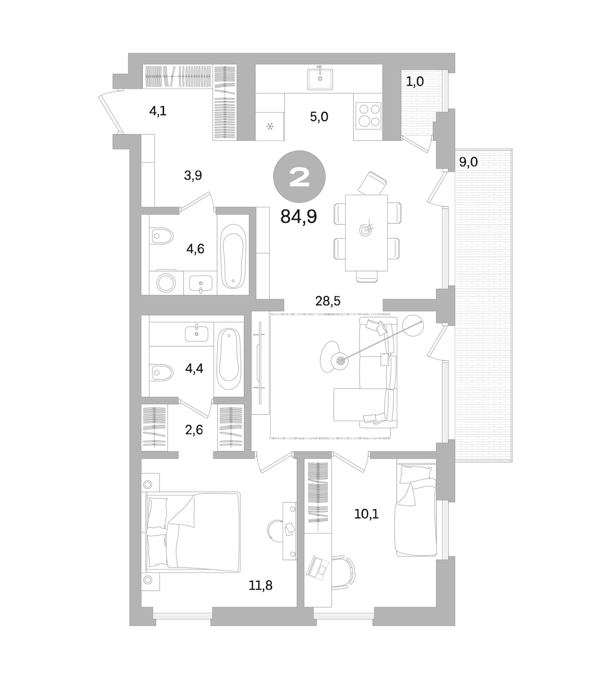 Планировка евротрёшка (3Е) 84.9 м² в ЖК «Северный ветер», корпус 3-2