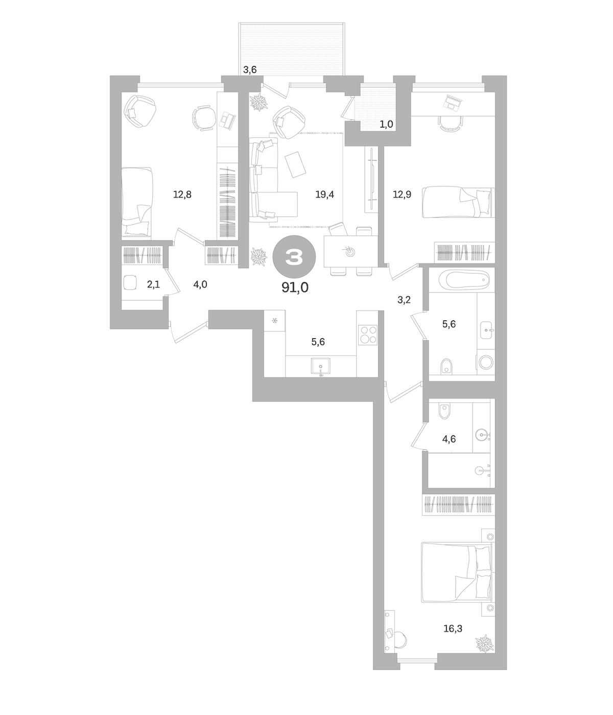 Планировка трёхкомнатная 91 м² в ЖК «Северный ветер», корпус 3-1