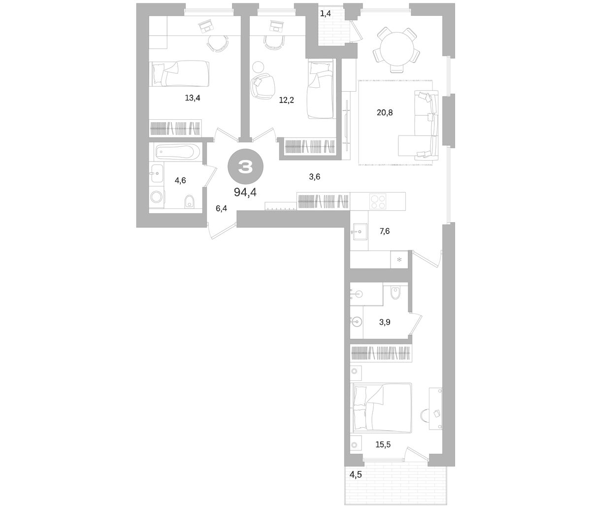 Планировка евро-4 (4Е) 94.4 м² в ЖК «Северный ветер», корпус 3-1