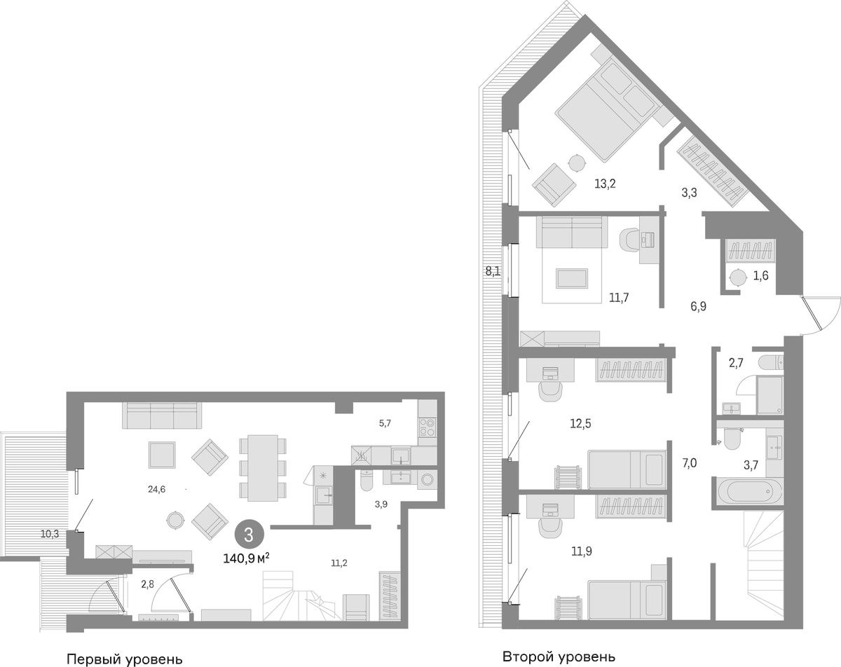Планировка четырёхкомнатная 140.9 м² в ЖК «Северный ветер», корпус 2.1