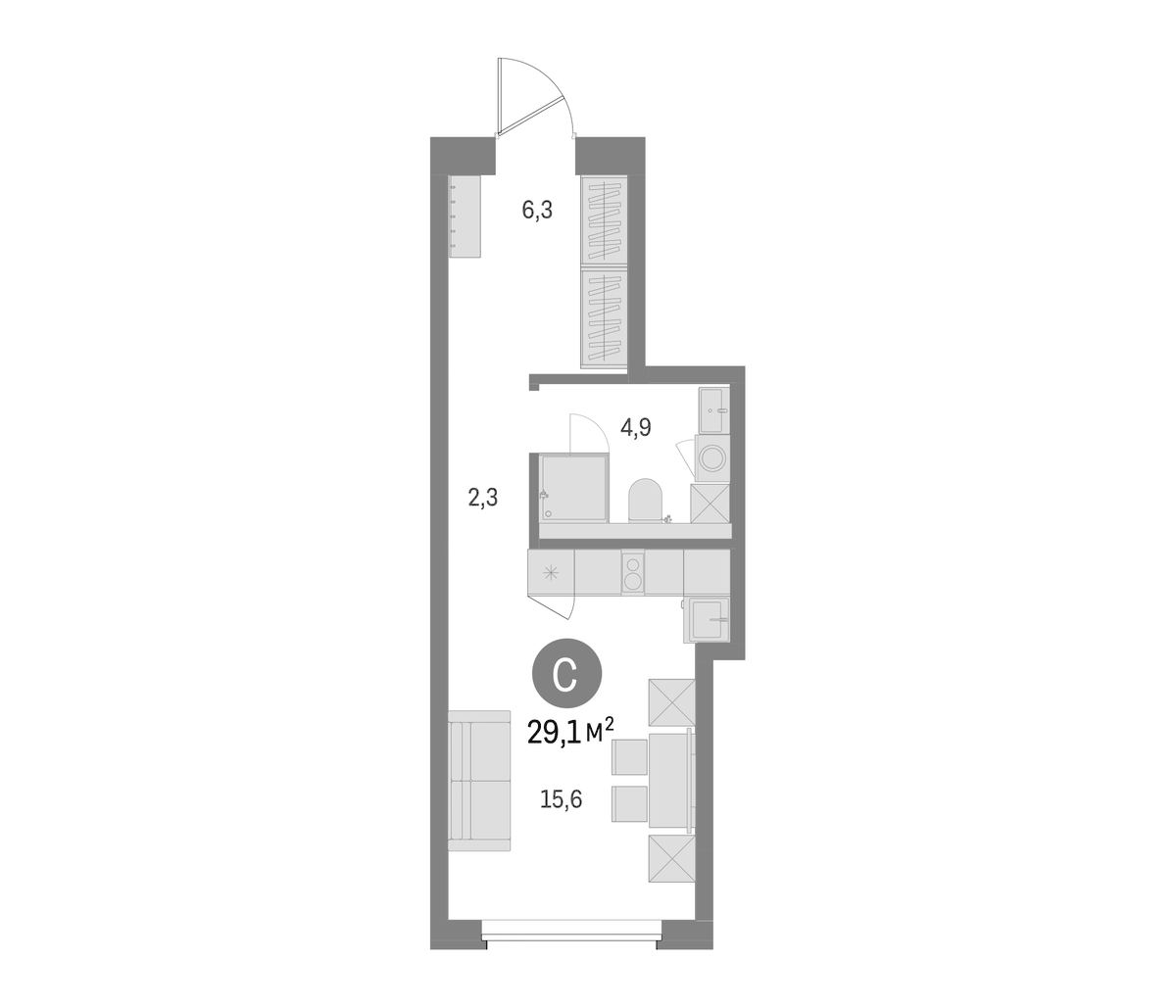 Планировка Студии 29.1 м² в ЖК «Северный ветер», корпус 2-2