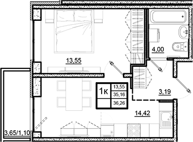 Планировка однокомнатная 36.26 м² в ЖК «Северный Меридиан», корпус 1