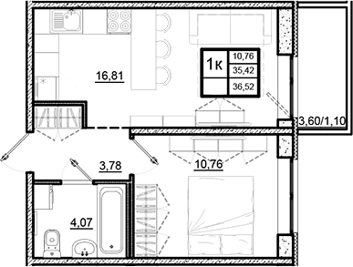 Планировка однокомнатная 36.52 м² в ЖК «Северный Меридиан», корпус 1