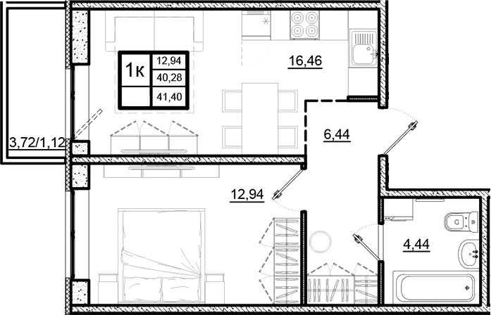 Планировка однокомнатная 41.4 м² в ЖК «Северный Меридиан», корпус 1