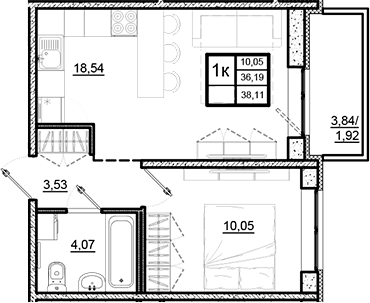Планировка евродвушка (2Е) 38.11 м² в ЖК «Северный Меридиан», корпус 1