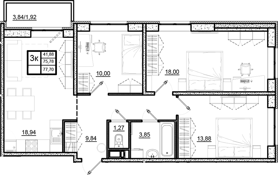 Планировка евро-4 (4Е) 77.7 м² в ЖК «Северный Меридиан», корпус 1