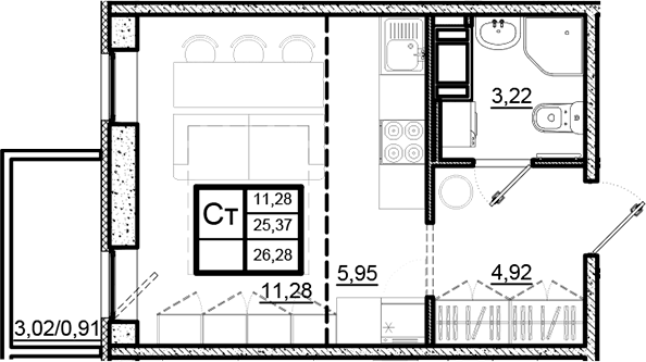 Планировка Студии 26.28 м² в ЖК «Северный Меридиан», корпус 1