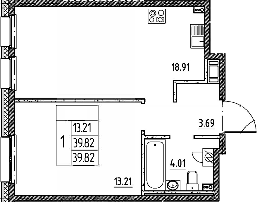 Планировка евродвушка (2Е) 39.82 м² в ЖК «Сезоны», корпус 6.1.1