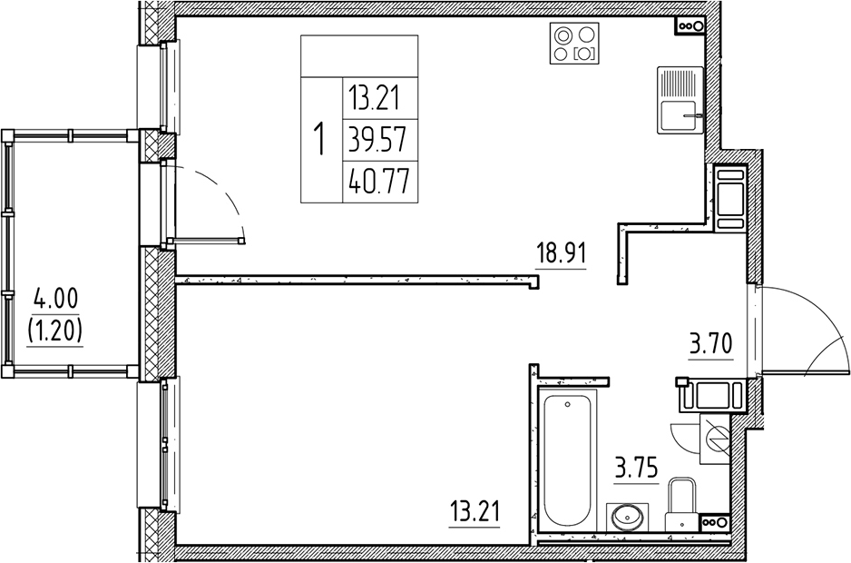Планировка евродвушка (2Е) 40.77 м² в ЖК «Сезоны», корпус 6.1.1