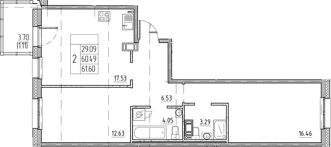 Планировка евротрёшка (3Е) 61.6 м² в ЖК «Сезоны», корпус 6.3.1