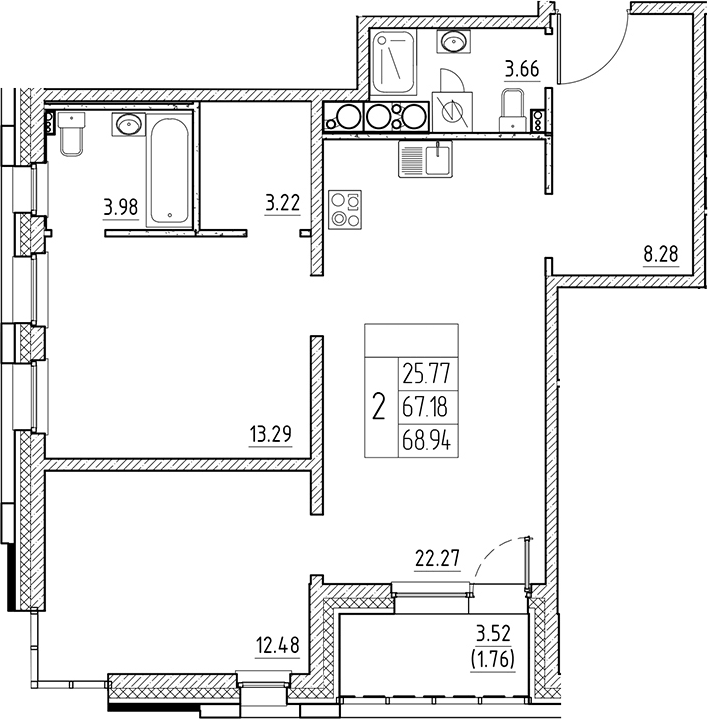 Планировка евротрёшка (3Е) 68.94 м² в ЖК «Сезоны», корпус 6.2.1