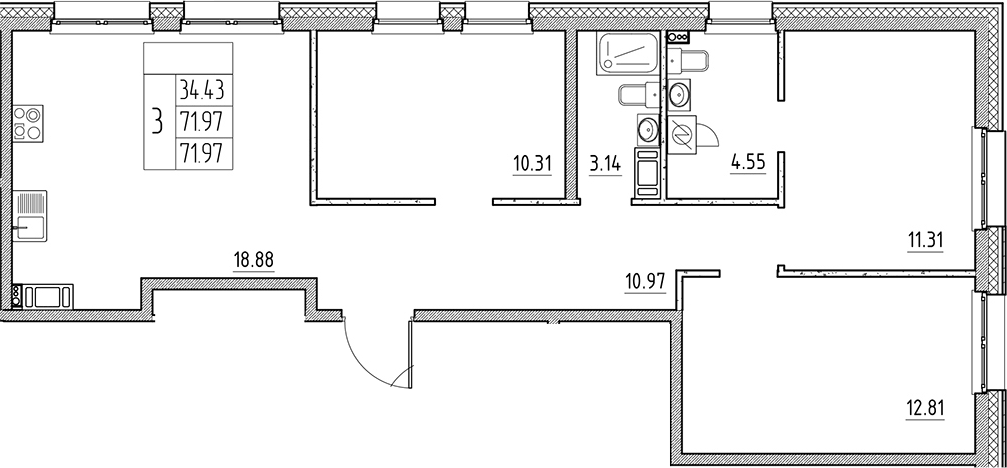Планировка евро-4 (4Е) 71.97 м² в ЖК «Сезоны», корпус 6.1.1