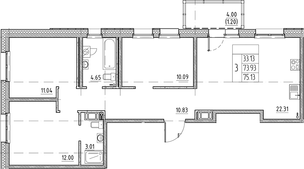 Планировка евро-4 (4Е) 75.13 м² в ЖК «Сезоны», корпус 6.3.1