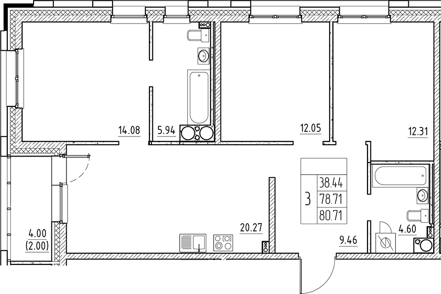 Планировка евро-4 (4Е) 80.71 м² в ЖК «Сезоны», корпус 6.2.1