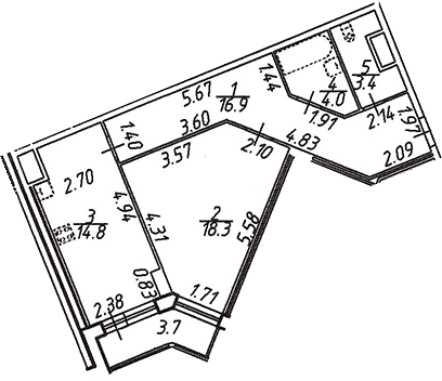 Планировка однокомнатная 61.1 м² в ЖК «Шекспир», корпус 2.20