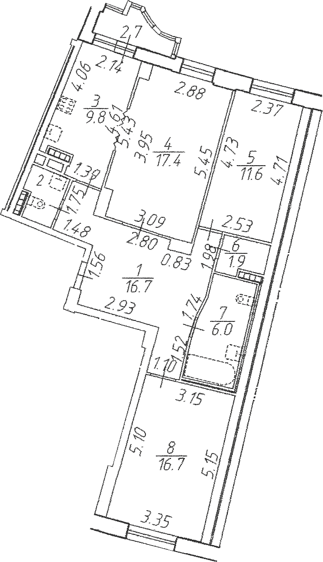 Планировка трёхкомнатная 84.9 м² в ЖК «Шекспир», корпус 2.25