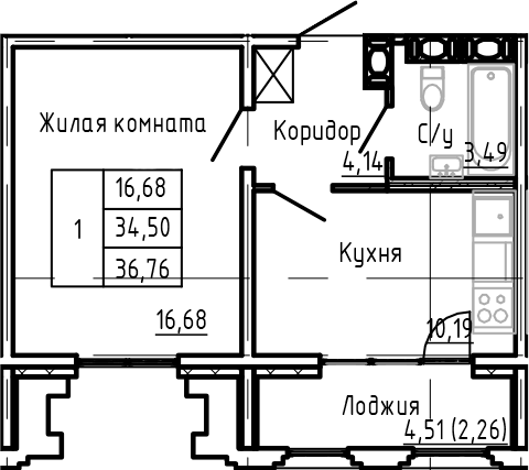 Планировка однокомнатная 35.6 м² в ЖК «SHEPILEVSKIY», корпус 1